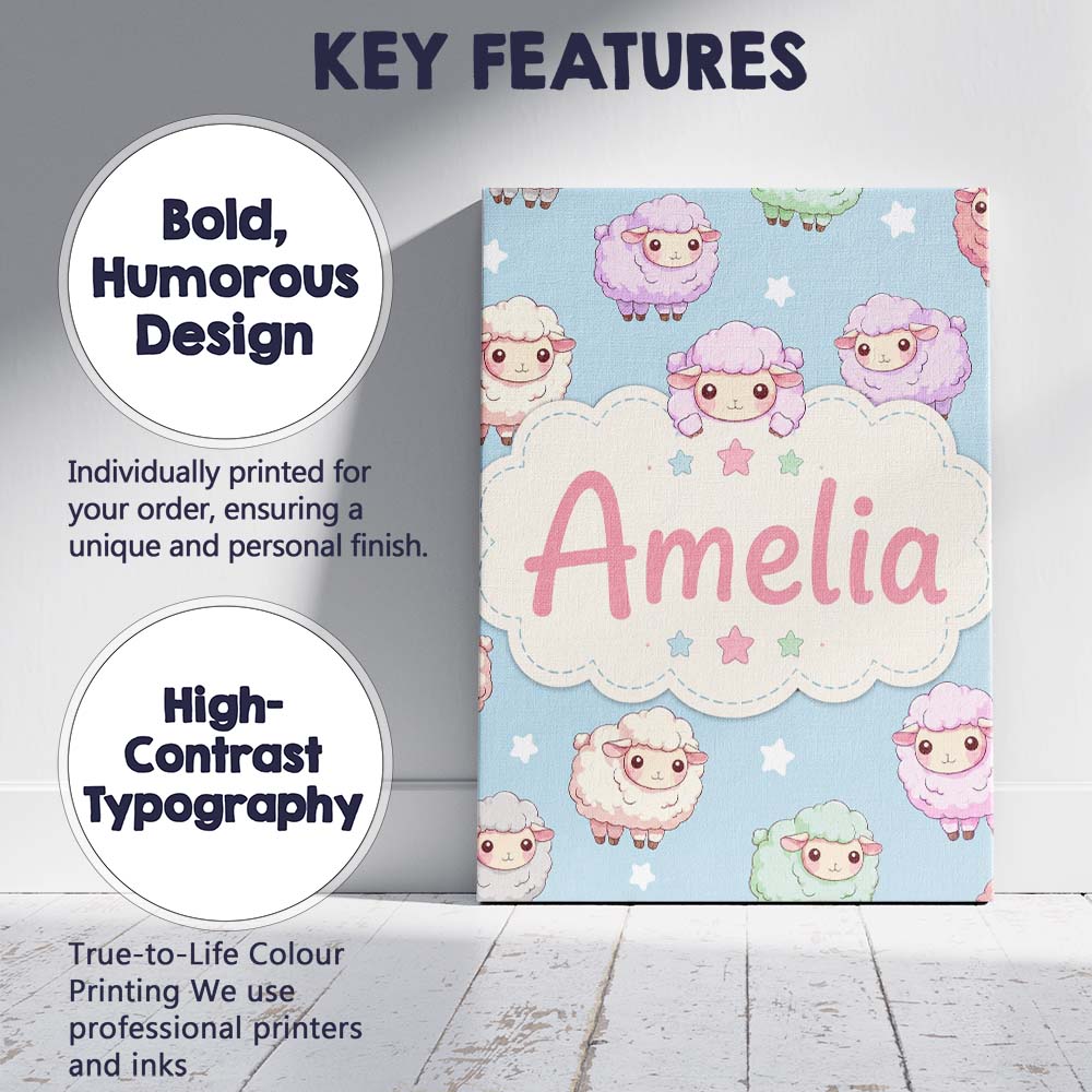 Personalised Name Cute Kawaii Sheep with Custom  Unique Gift Idea Elegant Feature Canvas Wall Art Print Decor Picture Ready to Hang