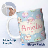 Personalized Custom Name Cute Kawaii Sheep with Starry Sky Background Seamless Pattern Name 11oz Ceramic Coffee Tea Mug White Large Handle