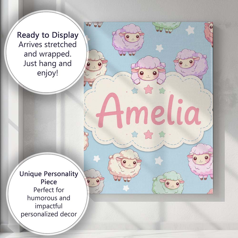 Personalised Name Cute Kawaii Sheep with Custom  Unique Gift Idea Elegant Feature Canvas Wall Art Print Decor Picture Ready to Hang