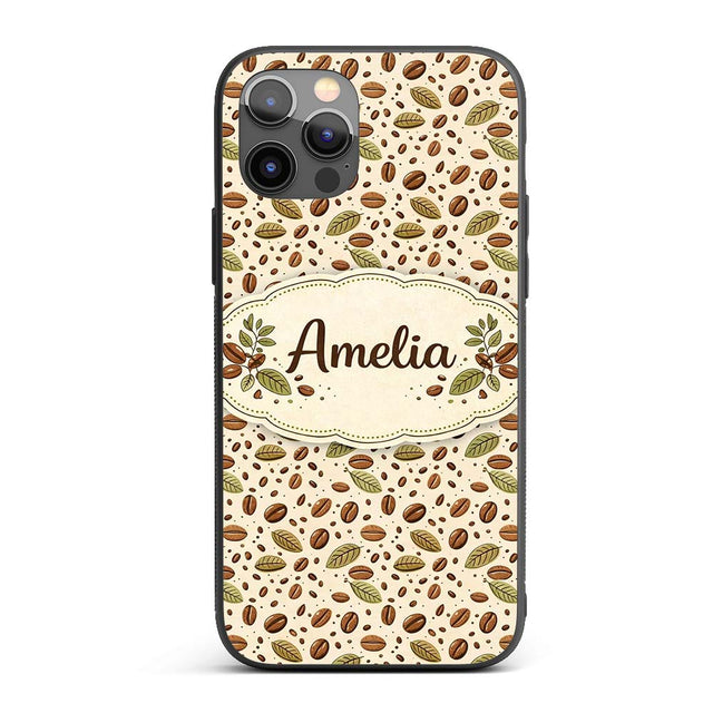 Coffee Plant Beans and Green Leaves Seamless Custom Name Protective Phone Case Mobile Cover Durable Everyday Smartphone Shock Resistant