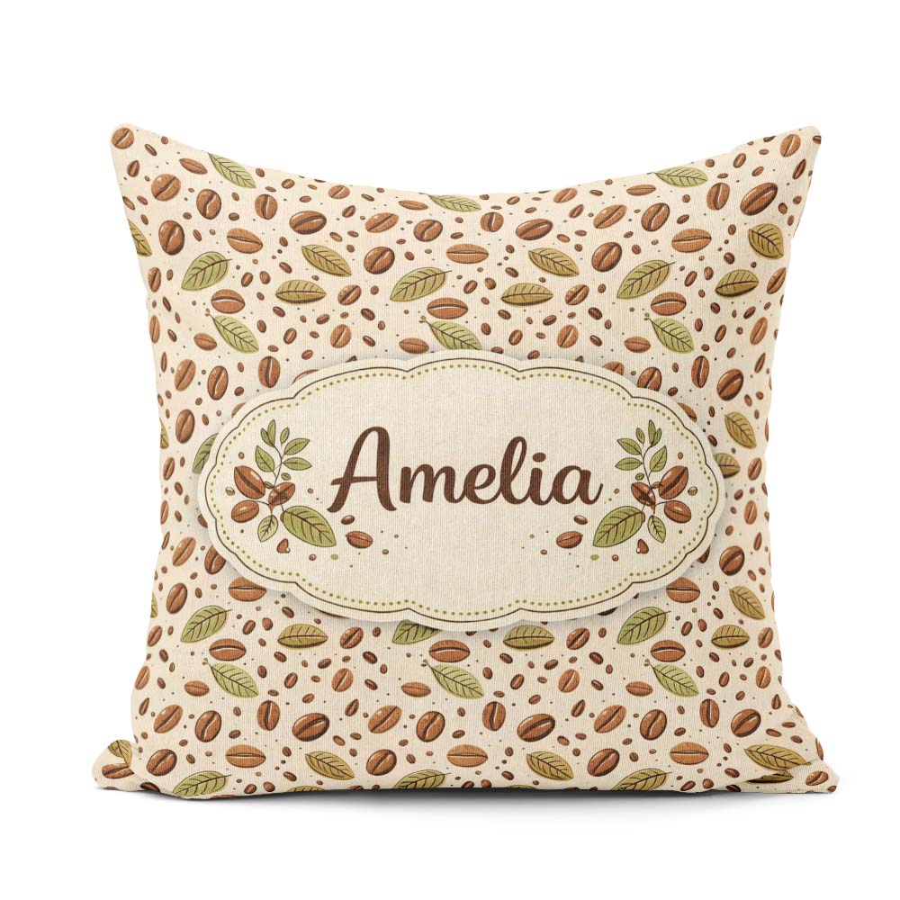 Custom Name Coffee Plant Beans and Green Leaves Seamless Pattern Square Filled Cushion Throw Pillow Sofa Bed Home Decor Zip Washable UK Made