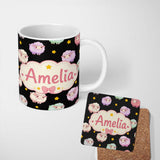 Personalized Custom Name Cute Kawaii Sheep with Night Star Background Seamless Pattern Name 11oz Ceramic Coffee Tea Mug White Large Handle