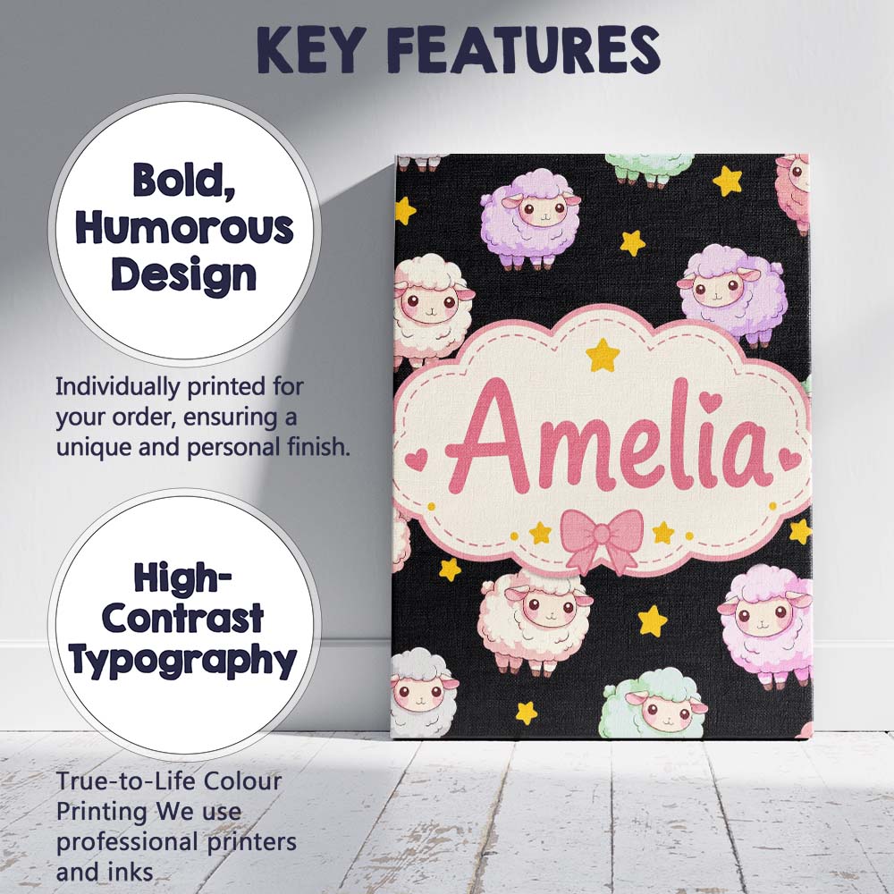 Personalised Name Cute Kawaii Sheep with Custom  Unique Gift Idea Elegant Feature Canvas Wall Art Print Decor Picture Ready to Hang
