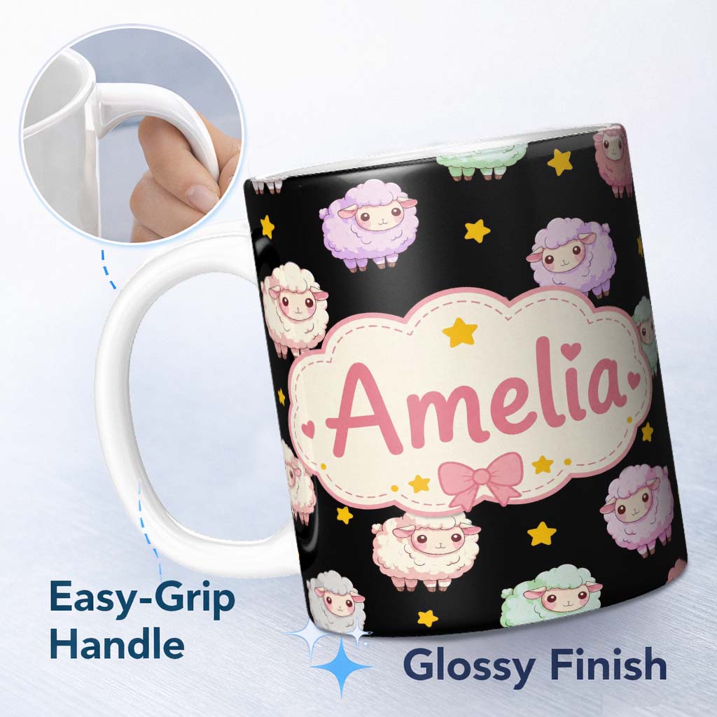 Personalized Custom Name Cute Kawaii Sheep with Night Star Background Seamless Pattern Name 11oz Ceramic Coffee Tea Mug White Large Handle