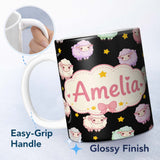 Personalized Custom Name Cute Kawaii Sheep with Night Star Background Seamless Pattern Name 11oz Ceramic Coffee Tea Mug White Large Handle