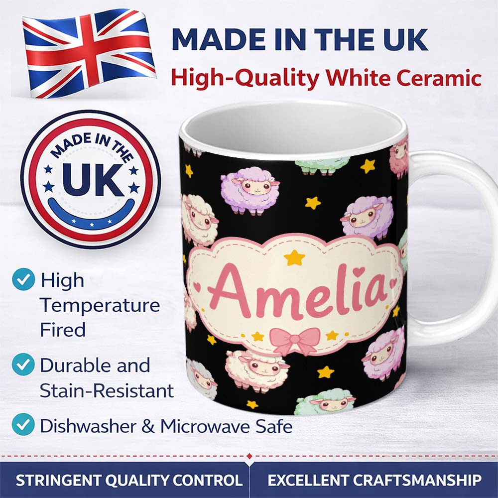 Personalized Custom Name Cute Kawaii Sheep with Night Star Background Seamless Pattern Name 11oz Ceramic Coffee Tea Mug White Large Handle