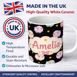 Personalized Custom Name Cute Kawaii Sheep with Night Star Background Seamless Pattern Name 11oz Ceramic Coffee Tea Mug White Large Handle