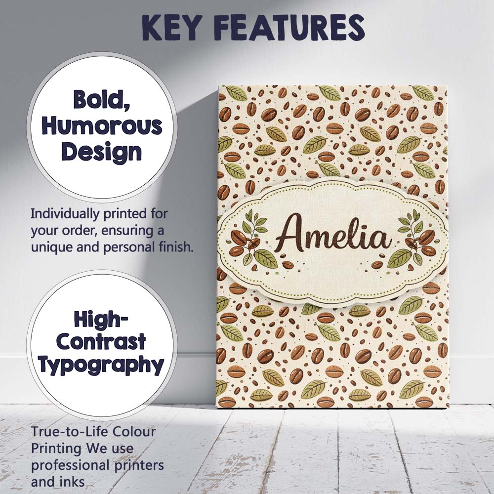 Personalised Name Coffee Plant Beans and Green Leaves Seamless Custom Modern Room Accent Canvas Wall Art Print Decor Picture Ready to Hang