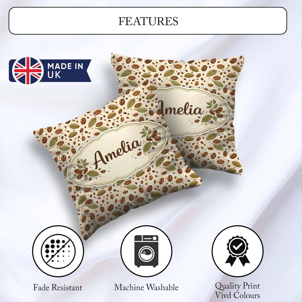 Custom Name Coffee Plant Beans and Green Leaves Seamless Pattern Square Filled Cushion Throw Pillow Sofa Bed Home Decor Zip Washable UK Made