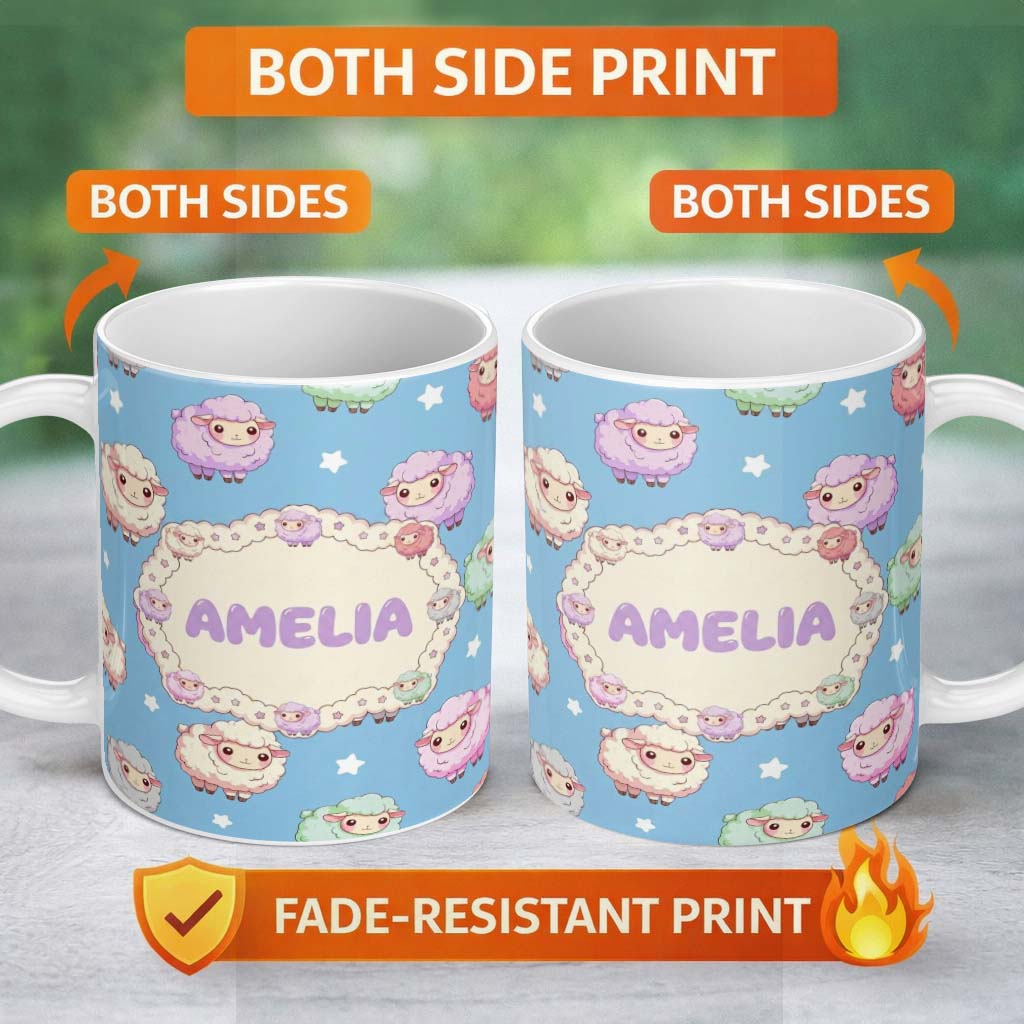 Personalized Custom Name Cute Kawaii Sheep with Blue Sky Star Background Seamless Pattern 11oz Ceramic Coffee Tea Mug White Large Handle