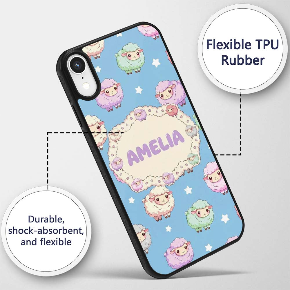 Cute Kawaii Sheep with Blue Sky Star Background Custom Name Protective Phone Case Mobile Cover Durable Everyday Smartphone Shock Resistant