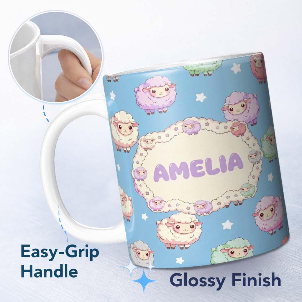 Personalized Custom Name Cute Kawaii Sheep with Blue Sky Star Background Seamless Pattern 11oz Ceramic Coffee Tea Mug White Large Handle