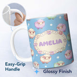 Personalized Custom Name Cute Kawaii Sheep with Blue Sky Star Background Seamless Pattern 11oz Ceramic Coffee Tea Mug White Large Handle