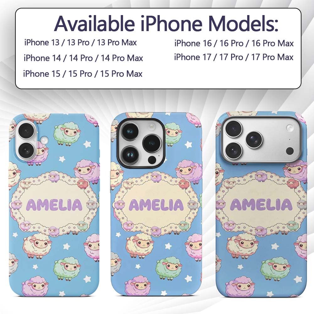 Cute Kawaii Sheep with Blue Sky Star Background Custom Name Protective Phone Case Mobile Cover Durable Everyday Smartphone Shock Resistant