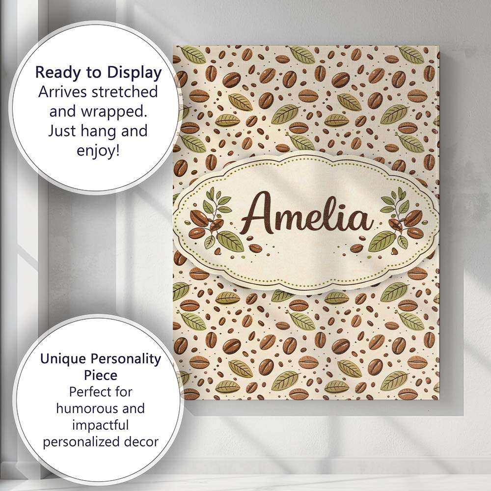 Personalised Name Coffee Plant Beans and Green Leaves Seamless Custom Modern Room Accent Canvas Wall Art Print Decor Picture Ready to Hang