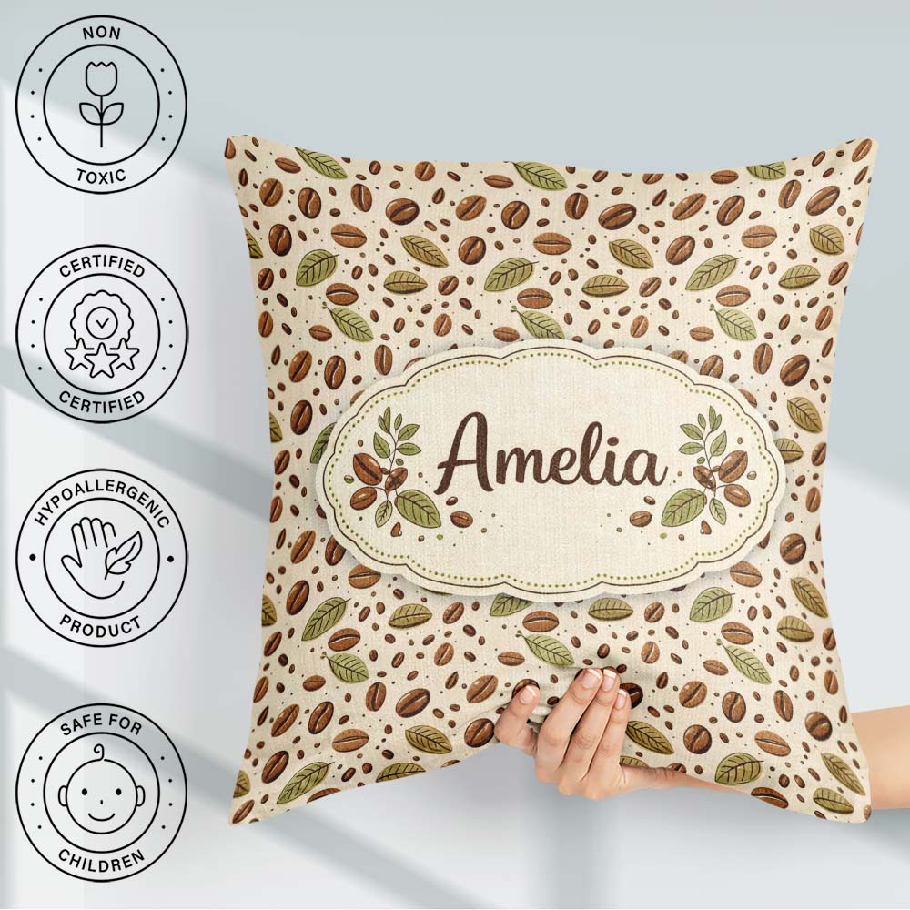 Custom Name Coffee Plant Beans and Green Leaves Seamless Pattern Square Filled Cushion Throw Pillow Sofa Bed Home Decor Zip Washable UK Made