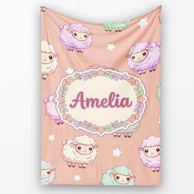 Cute Kawaii Sheep with Soft Peach Background Seamless Pattern Name  Personalised Custom Name Super Soft Fleece Blanket Bed Sofa Throw