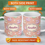 Personalized Custom Name Cute Kawaii Sheep with Soft Peach Background Seamless Pattern Name 11oz Ceramic Coffee Tea Mug White Large Handle