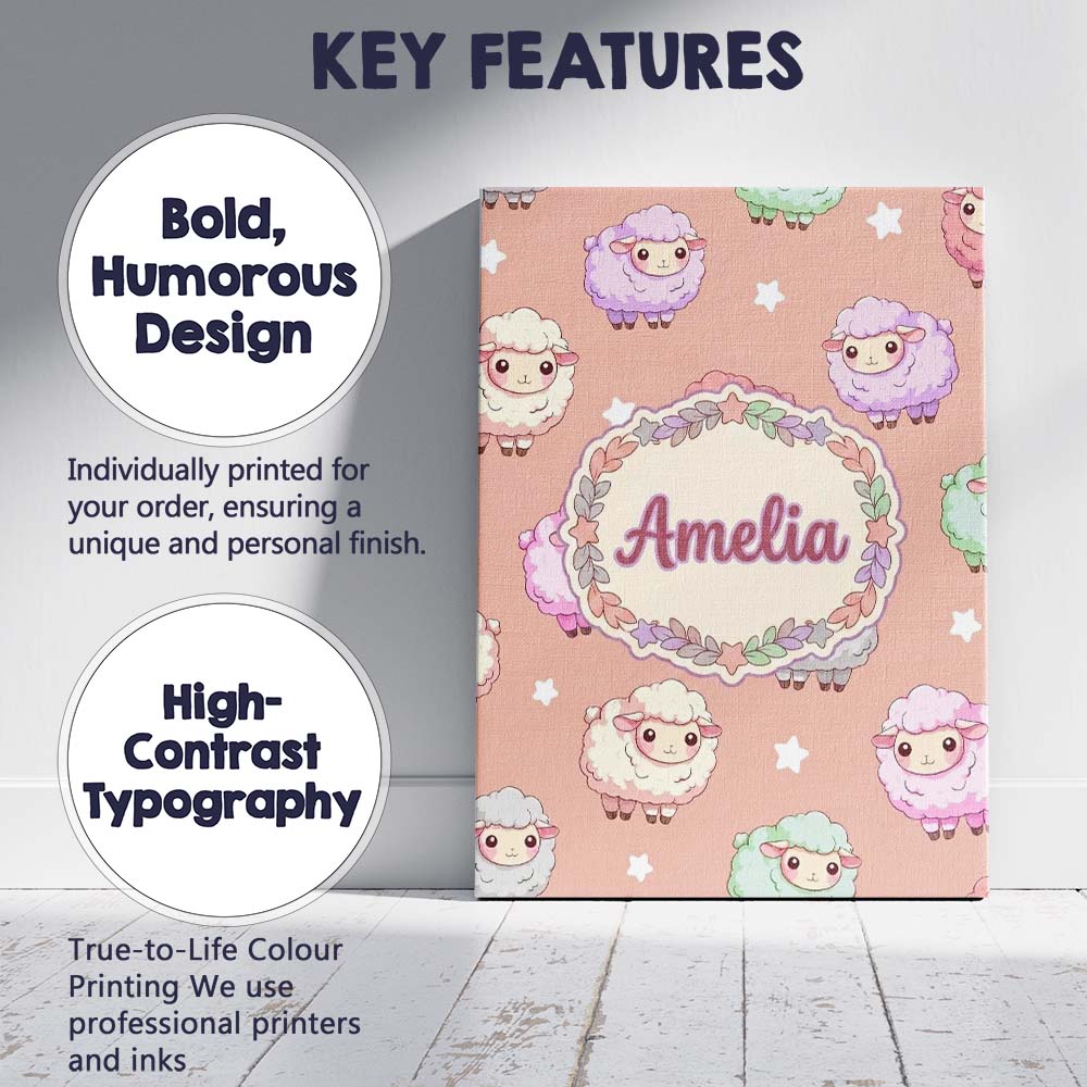 Personalised Name Cute Kawaii Sheep with Custom  Unique Gift Idea Elegant Feature Canvas Wall Art Print Decor Picture Ready to Hang