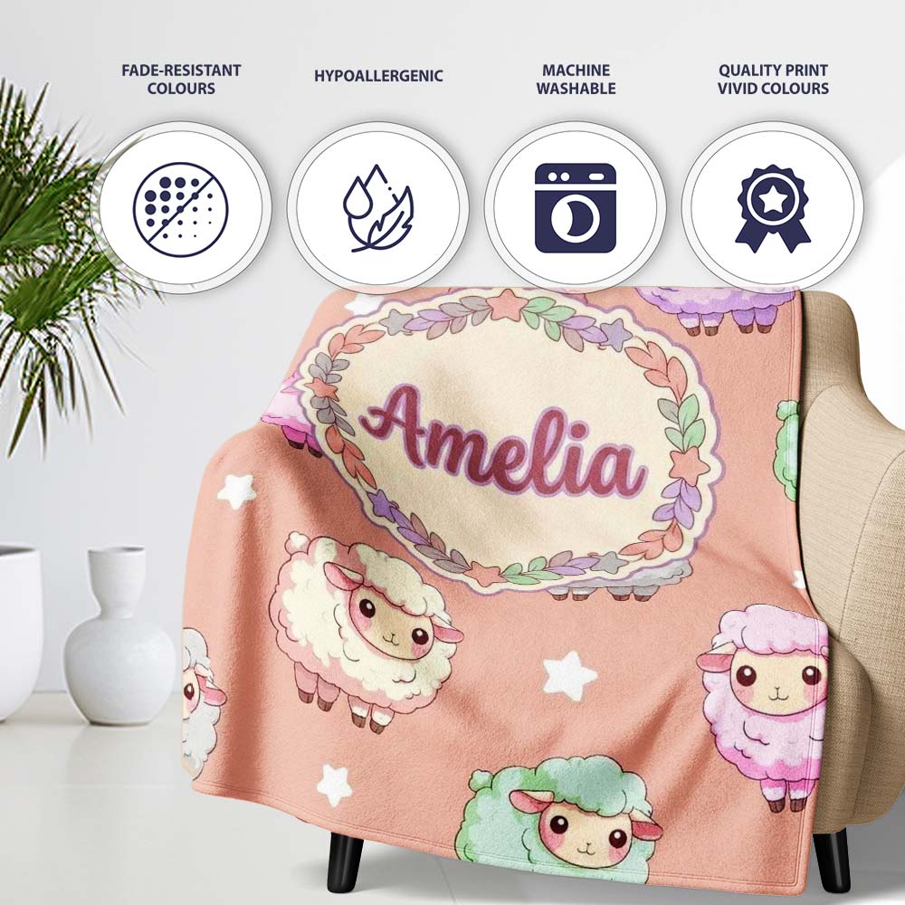 Cute Kawaii Sheep with Soft Peach Background Seamless Pattern Name  Personalised Custom Name Super Soft Fleece Blanket Bed Sofa Throw