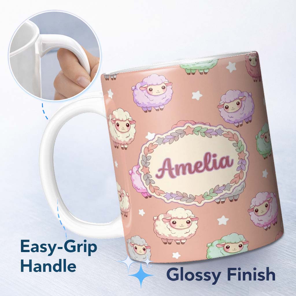 Personalized Custom Name Cute Kawaii Sheep with Soft Peach Background Seamless Pattern Name 11oz Ceramic Coffee Tea Mug White Large Handle