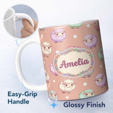Personalized Custom Name Cute Kawaii Sheep with Soft Peach Background Seamless Pattern Name 11oz Ceramic Coffee Tea Mug White Large Handle