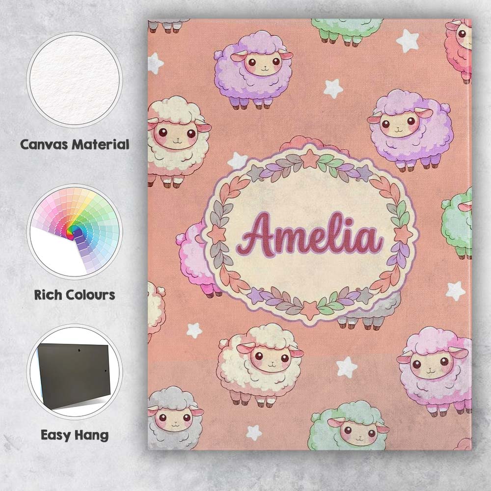 Personalised Name Cute Kawaii Sheep with Custom  Unique Gift Idea Elegant Feature Canvas Wall Art Print Decor Picture Ready to Hang
