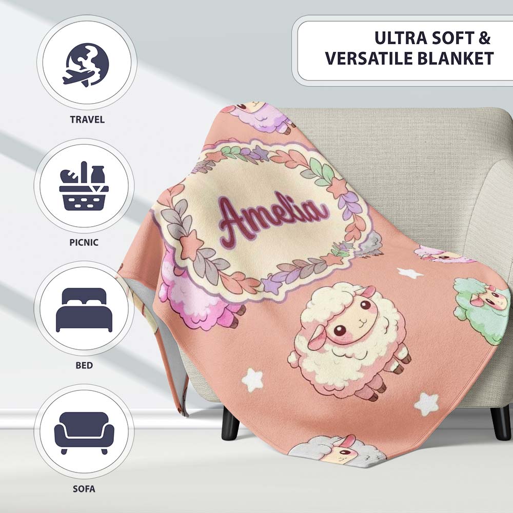 Cute Kawaii Sheep with Soft Peach Background Seamless Pattern Name  Personalised Custom Name Super Soft Fleece Blanket Bed Sofa Throw