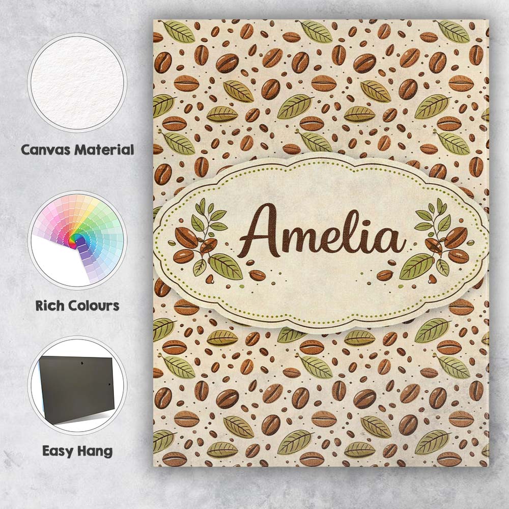 Personalised Name Coffee Plant Beans and Green Leaves Seamless Custom Modern Room Accent Canvas Wall Art Print Decor Picture Ready to Hang