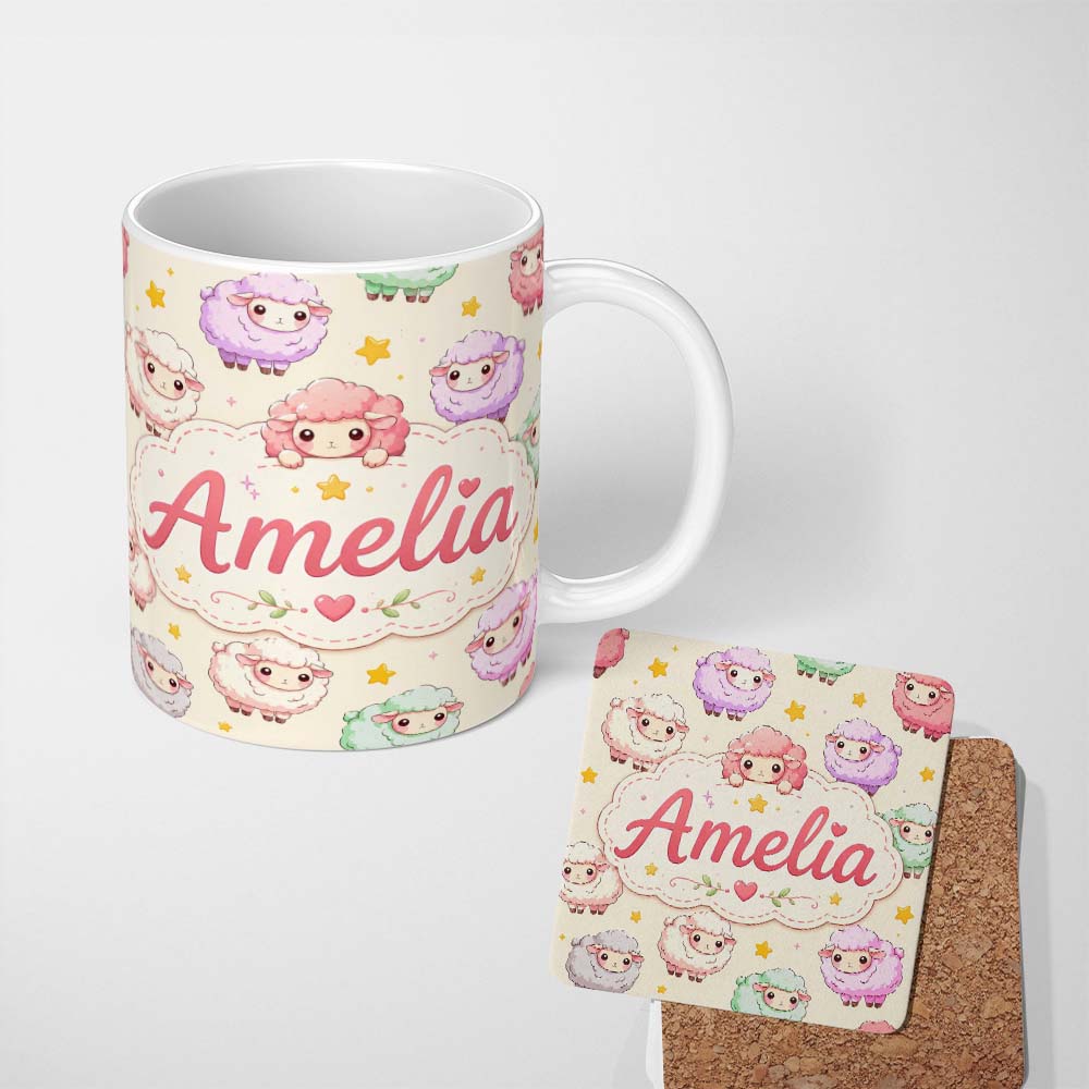 Personalized Custom Name Cute Kawaii Sheep with Cream Star Background Seamless Pattern Name 11oz Ceramic Coffee Tea Mug White Large Handle