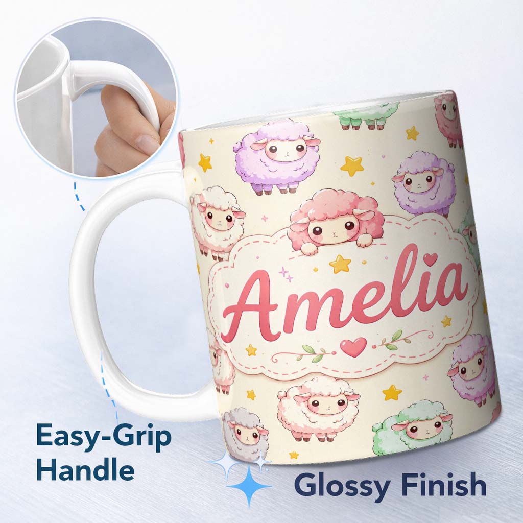 Personalized Custom Name Cute Kawaii Sheep with Cream Star Background Seamless Pattern Name 11oz Ceramic Coffee Tea Mug White Large Handle