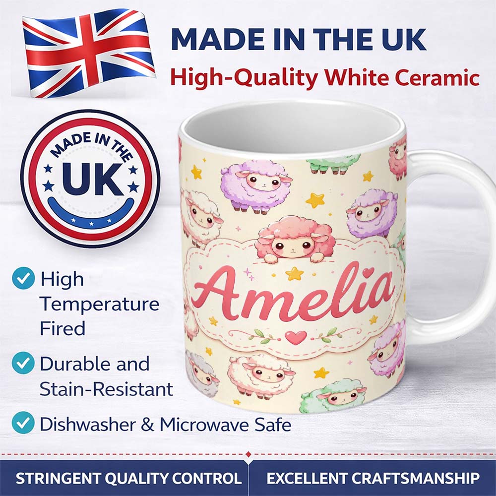 Personalized Custom Name Cute Kawaii Sheep with Cream Star Background Seamless Pattern Name 11oz Ceramic Coffee Tea Mug White Large Handle