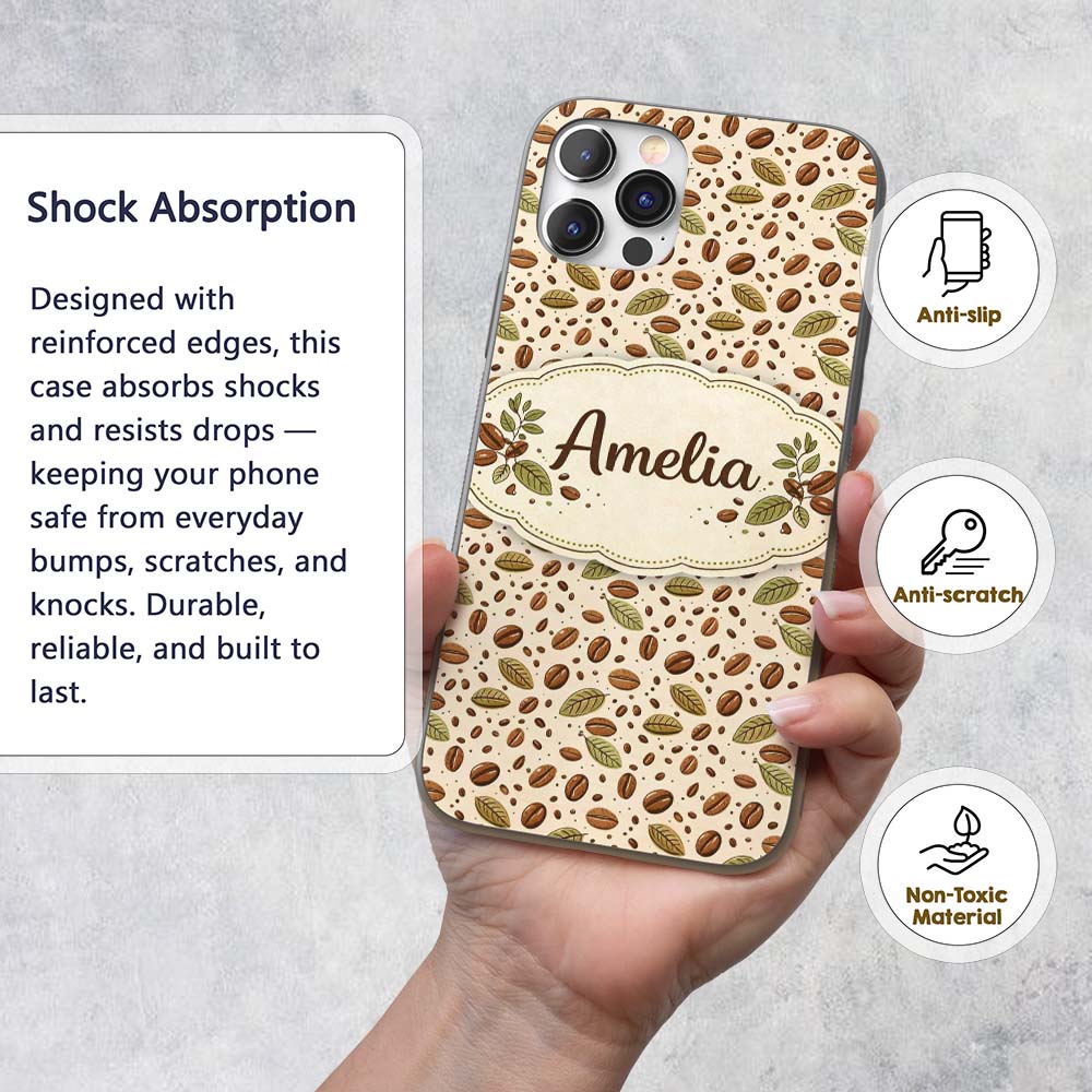 Coffee Plant Beans and Green Leaves Seamless Custom Name Protective Phone Case Mobile Cover Durable Everyday Smartphone Shock Resistant