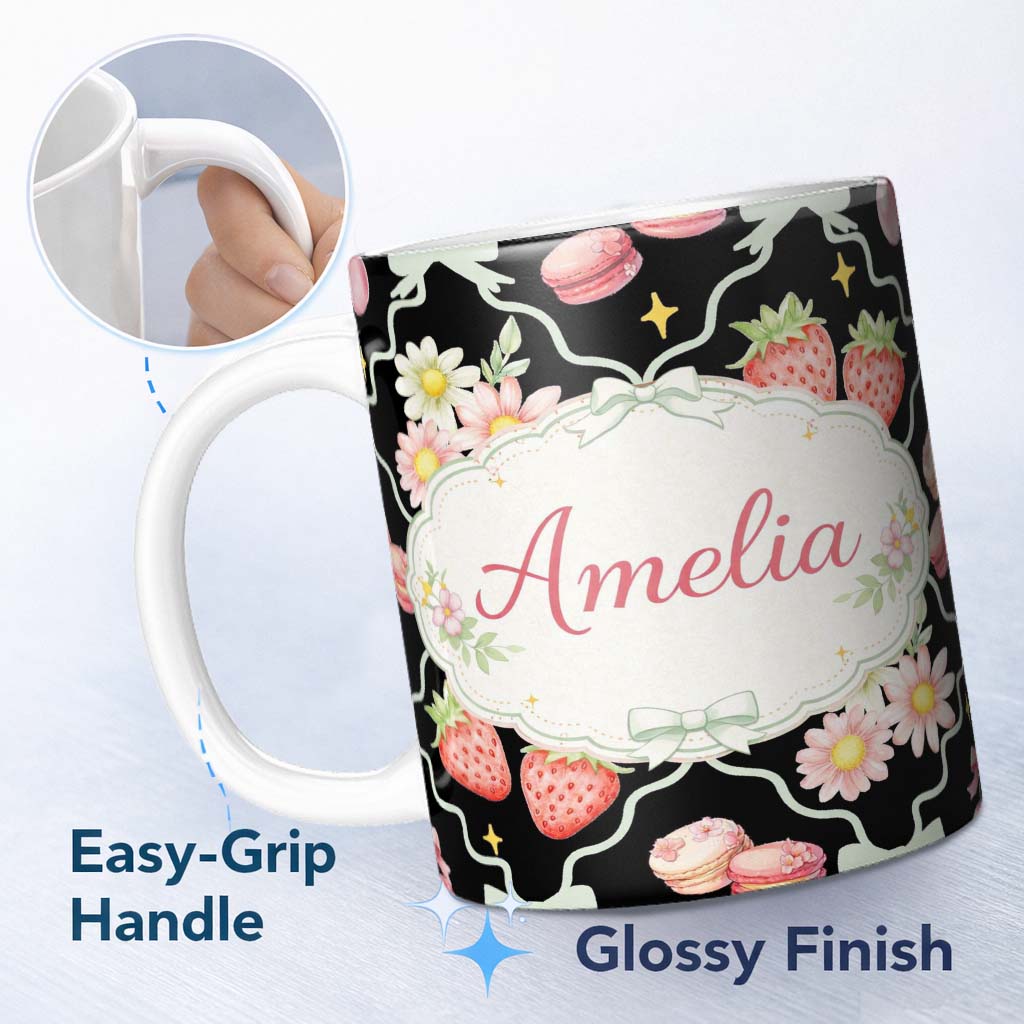 Personalized Custom Name Strawberry Cherry Daisy White Pastel Outline Cute Coquette Floral 11oz Ceramic Coffee Tea Mug White Large Handle