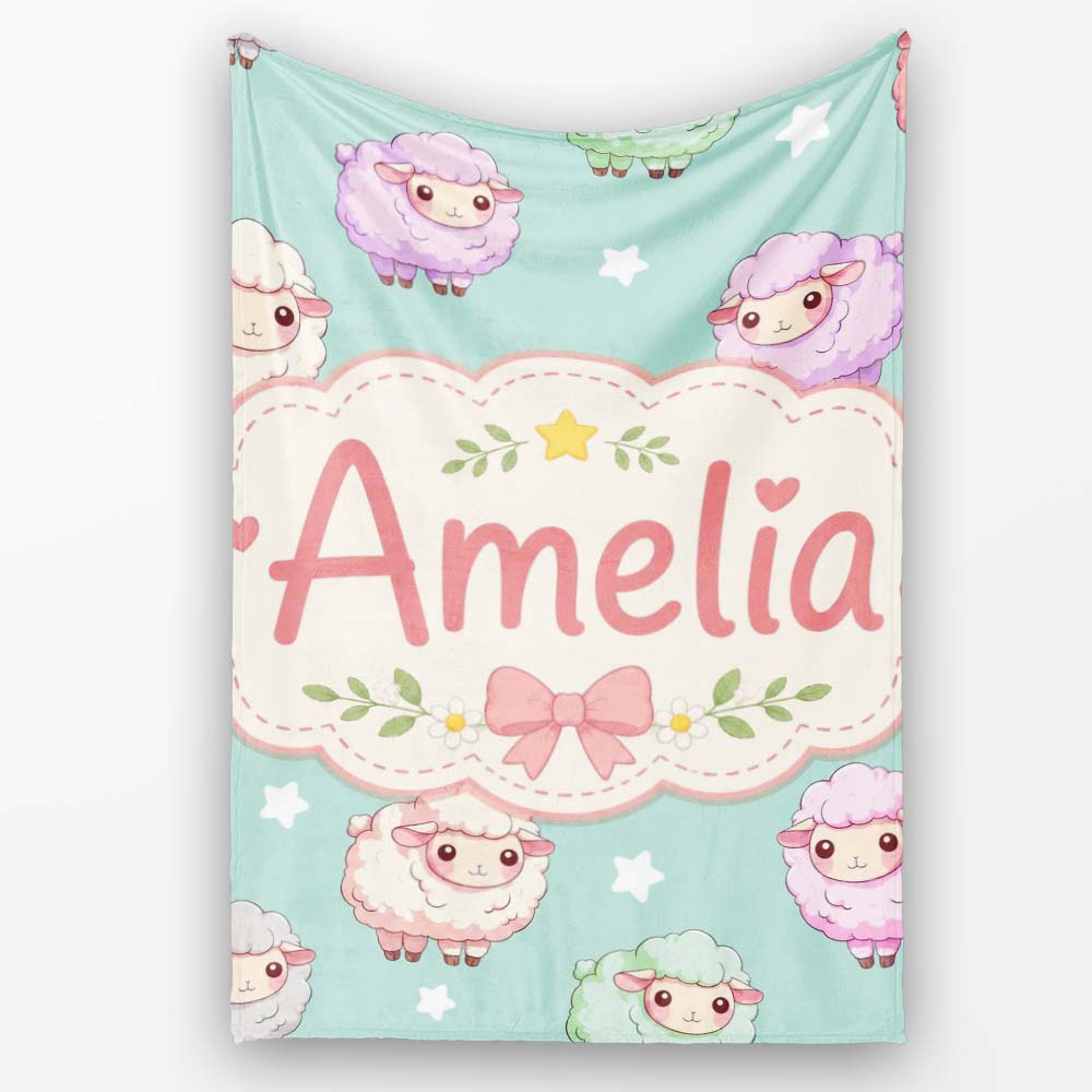 Cute Kawaii Sheep with Mint Star Background Seamless Pattern Name  Personalised Custom Name Super Soft Fleece Blanket Bed Sofa Throw