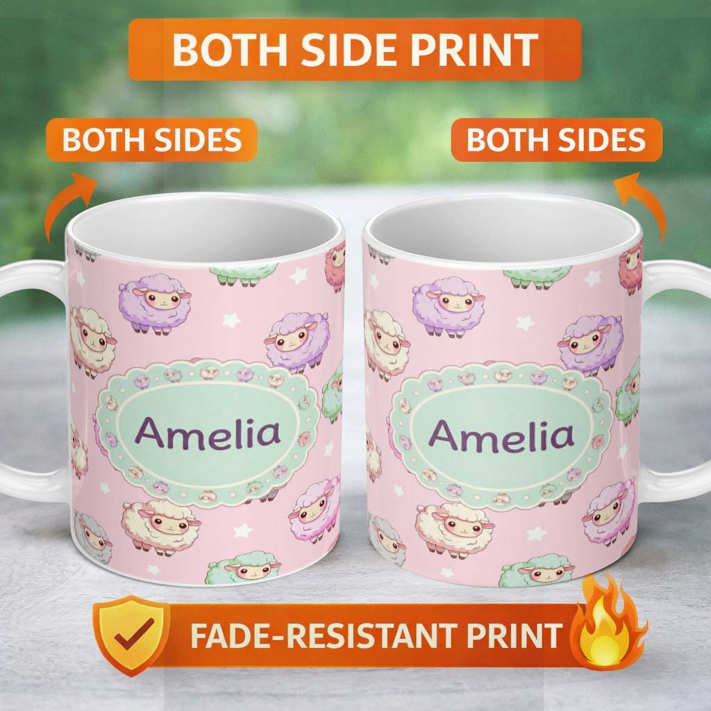 Personalized Custom Name Cute Kawaii Sheep with Pastel Pink Background Seamless Pattern 11oz Ceramic Coffee Tea Mug White Large Handle
