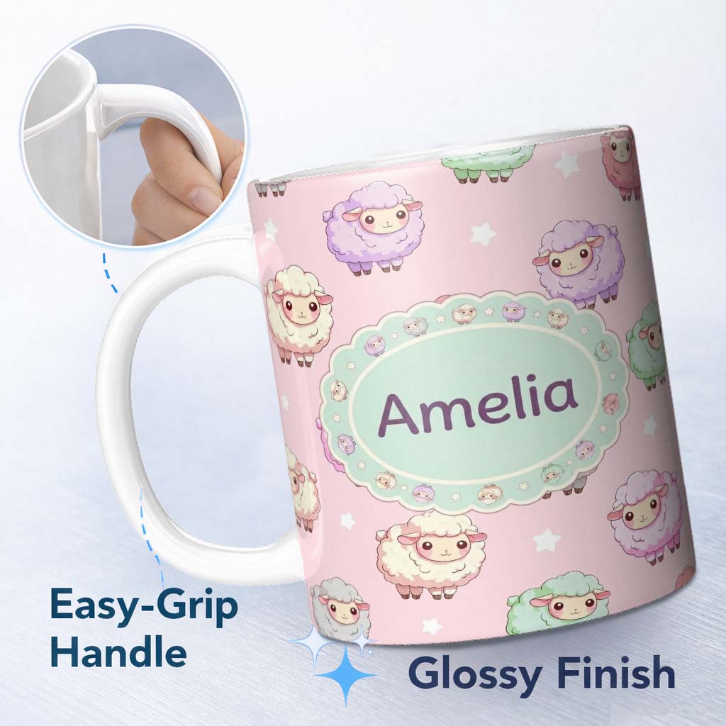 Personalized Custom Name Cute Kawaii Sheep with Pastel Pink Background Seamless Pattern 11oz Ceramic Coffee Tea Mug White Large Handle