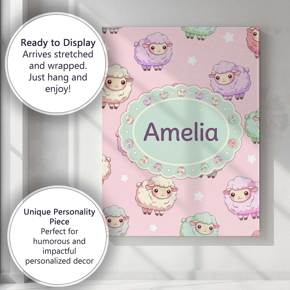 Personalised Name Cute Kawaii Sheep with Custom  Unique Gift Idea Elegant Feature Canvas Wall Art Print Decor Picture Ready to Hang