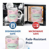 Personalized Custom Name Cute Kawaii Sheep with Pastel Pink Background Seamless Pattern 11oz Ceramic Coffee Tea Mug White Large Handle