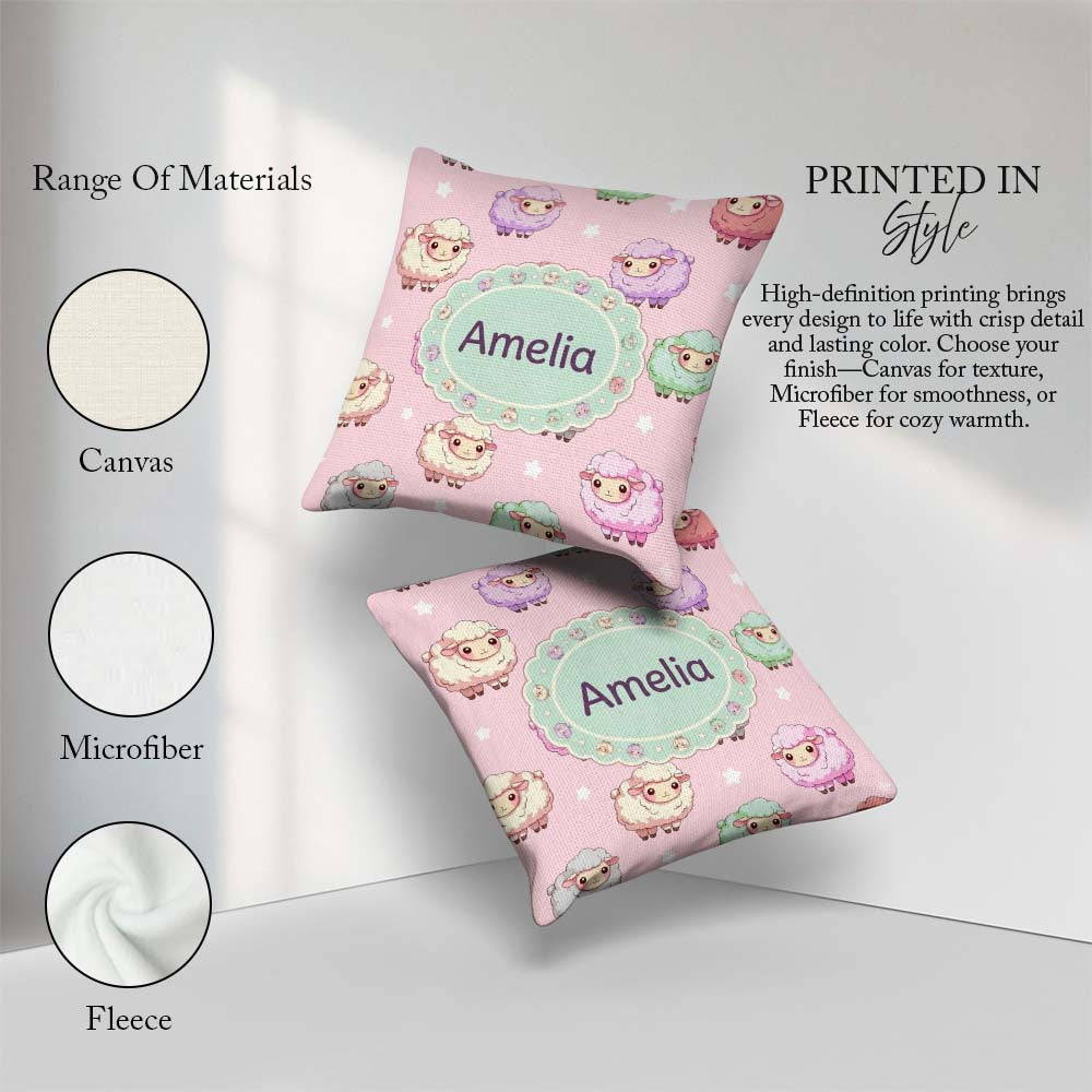 Custom Name Cute Kawaii Sheep with Pastel Pink Seamless Pattern Square Filled Cushion Throw Pillow Sofa Bed Home Decor Zip Washable UK Made