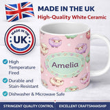 Personalized Custom Name Cute Kawaii Sheep with Pastel Pink Background Seamless Pattern 11oz Ceramic Coffee Tea Mug White Large Handle