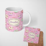 Personalized Custom Name Cute Kawaii Sheep with Soft Pink Star Background Seamless Pattern 11oz Ceramic Coffee Tea Mug White Large Handle