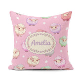 Custom Name Kawaii Sheep with Soft Pink Star Background Seamless Square Filled Cushion Throw Pillow Sofa Bed Home Decor Zip Washable UK Made