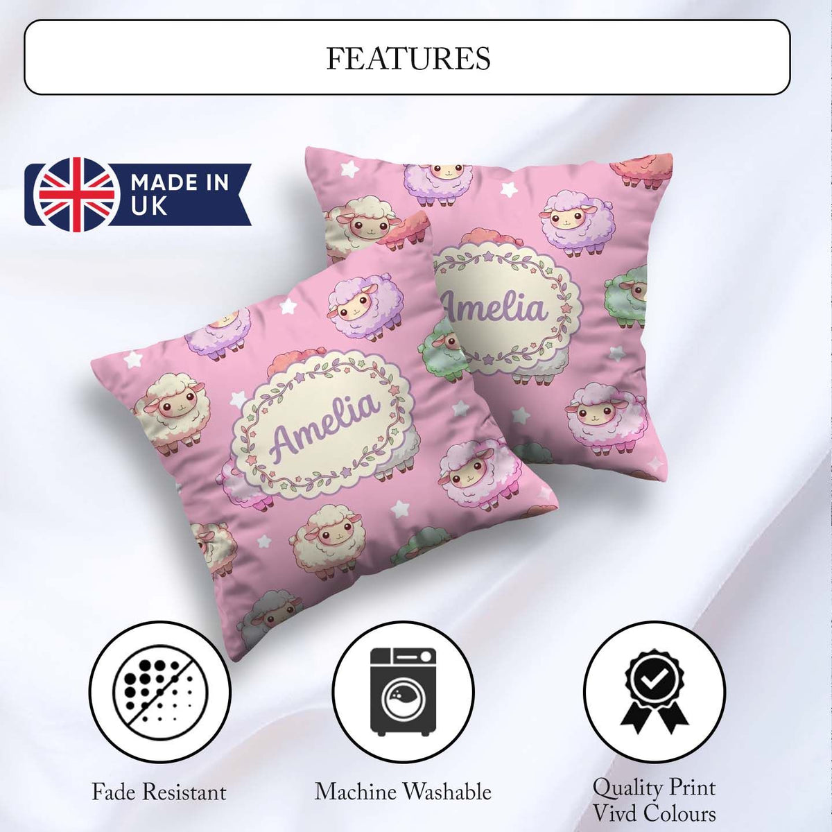 Custom Name Kawaii Sheep with Soft Pink Star Background Seamless Square Filled Cushion Throw Pillow Sofa Bed Home Decor Zip Washable UK Made