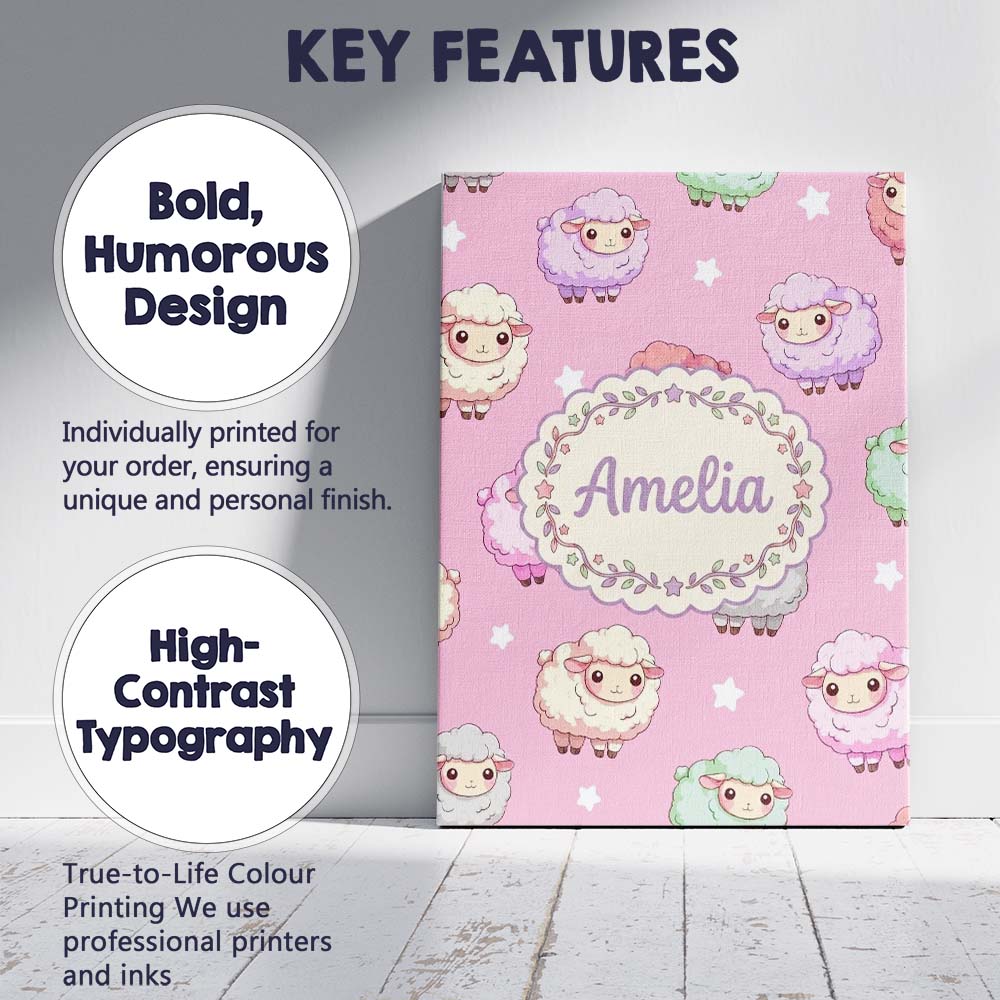 Personalised Name Cute Kawaii Sheep with Custom  Unique Gift Idea Elegant Feature Canvas Wall Art Print Decor Picture Ready to Hang
