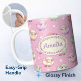 Personalized Custom Name Cute Kawaii Sheep with Soft Pink Star Background Seamless Pattern 11oz Ceramic Coffee Tea Mug White Large Handle