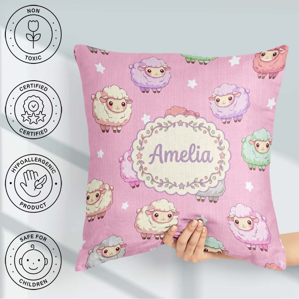 Custom Name Kawaii Sheep with Soft Pink Star Background Seamless Square Filled Cushion Throw Pillow Sofa Bed Home Decor Zip Washable UK Made
