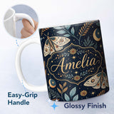 Personalized Custom Name Celestial Moth Moon Botanical Night Sky Seamless Pattern Lovely 11oz Ceramic Coffee Tea Mug White Large Handle