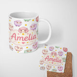 Personalized Custom Name Cute Kawaii Sheep with Grey Star Background Seamless Pattern Name 11oz Ceramic Coffee Tea Mug White Large Handle