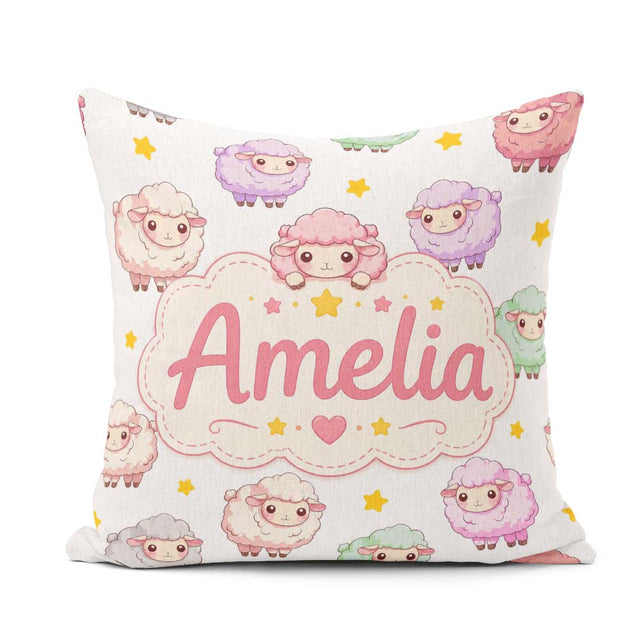 Custom Name Kawaii Sheep with Grey Star Background Seamless Name Square Filled Cushion Throw Pillow Sofa Bed Home Decor Zip Washable UK Made